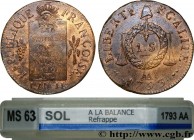 THE CONVENTION
Type : Refrappe de la pièce de un sol dite "à la table de loi" 
Date : 1793 
Mint name / Town : Metz 
Metal : copper 
Diameter : 27,5  ...