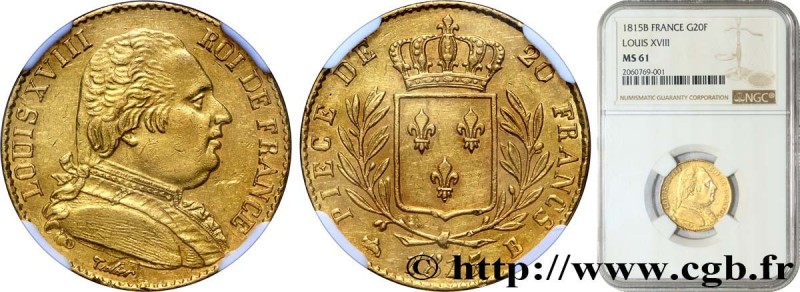 LOUIS XVIII
Type : 20 francs or Louis XVIII, buste habillé 
Date : 1815 
Mint na...