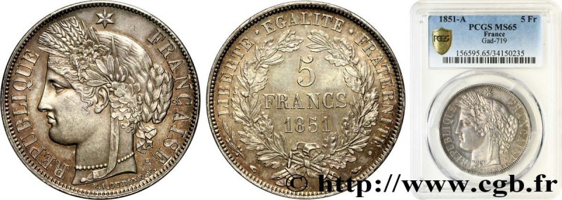 II REPUBLIC
Type : 5 francs Cérès, IIe République 
Date : 1851 
Mint name / Town...