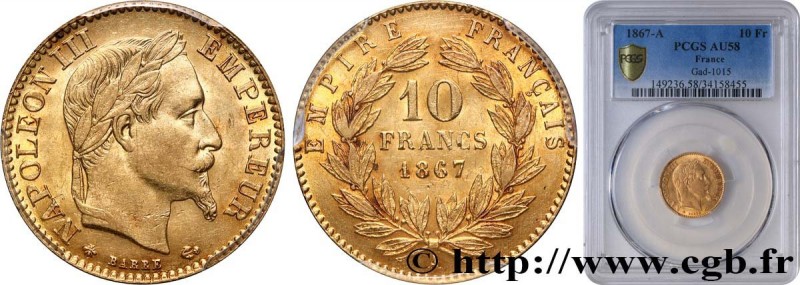 SECOND EMPIRE
Type : 10 francs or Napoléon III, tête laurée 
Date : 1867 
Mint n...