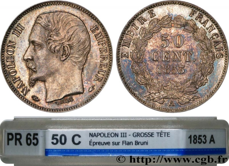 SECOND EMPIRE
Type : 50 centimes Napoléon III, grosse tête, frappe d'épreuve 
Da...