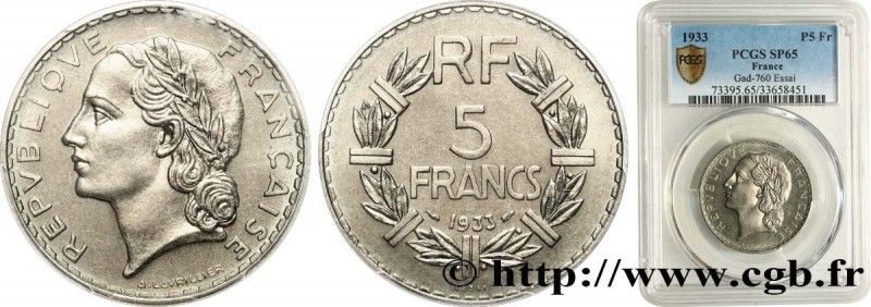 III REPUBLIC
Type : Essai de 5 francs Lavrillier, nickel 
Date : 1933 
Quantity ...