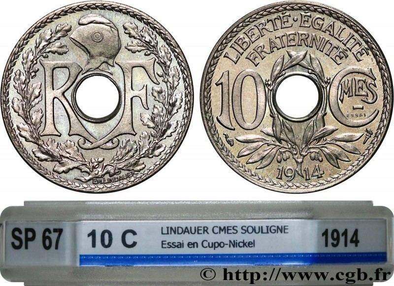 III REPUBLIC
Type : Essai de 10 centimes Lindauer, Cmes souligné, Maillechort 
D...