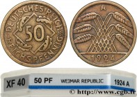 GERMANY
Type : 50 Reichspfennig 
Date : 1924 
Mint name / Town : Berlin 
Quantity minted : 801483 
Metal : copper 
Diameter : 24  mm
Orientation dies ...