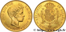 SPAIN - KINGDOM OF SPAIN - ALFONSO XIII
Type : 100 Pesetas 
Date : 1897 
Mint name / Town : Madrid 
Quantity minted : 149726 
Metal : gold 
Millesimal...
