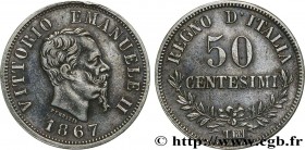 ITALY - KINGDOM OF ITALY - VICTOR-EMMANUEL II
Type : 50 Centesimi 
Date : 1867 
Mint name / Town : Turin 
Quantity minted : 396231 
Metal : silver 
Mi...