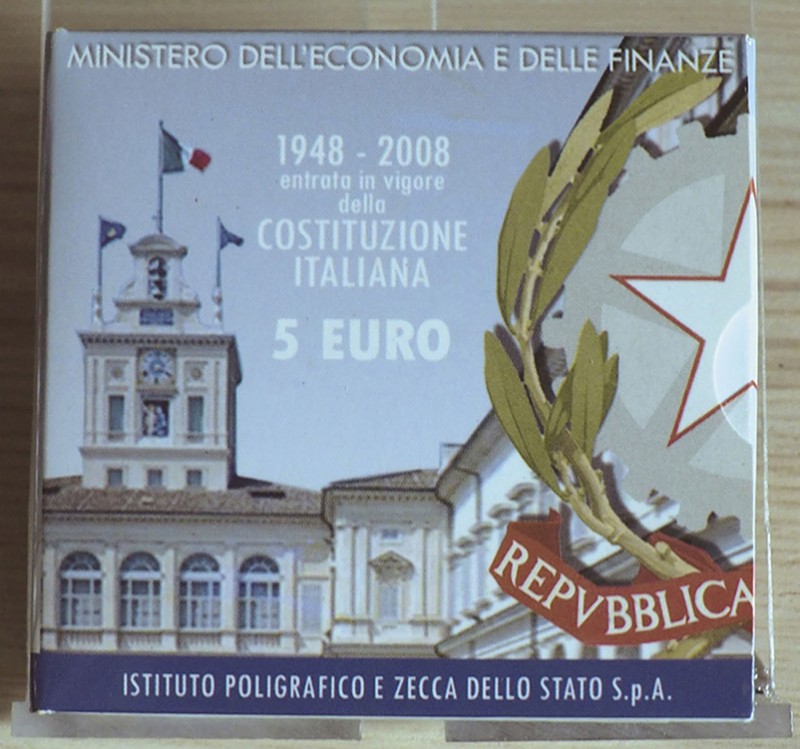 ITALIA - 2008 - 5 Euro “60° anniv. della Costituzione Italiana” Con scatola e ce...