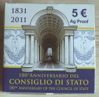 ITALIA - 2011 - 5 Euro “180° anniv. del Consiglio di Stato” Con scatola e certificato/i Proof