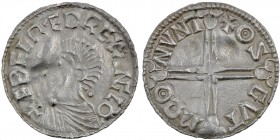 England. Aethelred II. 978-1016. AR Penny (20mm, 1.48 g, 4h). Long Cross type (BMC IVa, Hild. D). Huntington mint; moneyer Osgut / Asgautr. Struck cir...