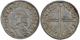 England. Aethelred II. 978-1016. AR Penny (20mm, 1.75 g, 12h). Long Cross type (BMC IVa, Hild. D). Lewes mint; moneyer Godfrid. Struck circa 997-1003....