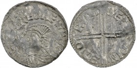 England. Aethelred II. 978-1016. AR Penny (20mm, 1.68 g, 12h). Long Cross type (BMC IVa, Hild. D). Romney mint; moneyer Æthelwine. Struck circa 997-10...