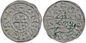Germany. Duchy of Bavaria. Heinrich IV (II) 1002-1009. AR Denar (19mm, 1.02g). Regensburg mint; moneyer ⵎcco. XHCNTRCEIVလ+, cross with three pellets i...