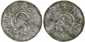 Germany. Duchy of Saxony. Bernhard I 973-1011. AR Denar (18mm, 1.06g). Bardowick (or Lüneburg or Jever?) mint. BER[NH]ARDVS DVX, head left / NNOM[?]NI...