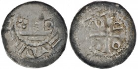 Germany. Lower Saxony. Otto III 983-1002. AR Denar (19mm, 1.30g). Goslar mint (?), [AT]EAHLH[T]?, church / + [DI GRA REX] (?), cross, at each angle O-...