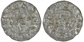 The Netherlands. Friesland. Bruno III 1038-1057. AR Denar (17mm, 0.48g). Dokkum or Gronningen mint. HENRICVSRE+, crowned head right, crosier before / ...
