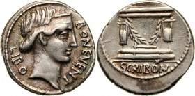Roman Republic, L. Scribonius Libo, Denar 62 BC, Rome Weight 3,92 g, 19 mm. Waga 3,92 g, 19 mm. Reference: Crawford 416/1a
Grade: VF+