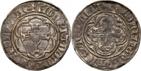 Zakon Krzyżacki, Winrych von Kniprode 1351-1382, półskojec Waga 2,99 g. Reference: Vossberg §34
Grade: XF-