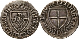 Zakon Krzyżacki, Konrad I Zöllner von Rothenstein 1382-1390, szeląg, Toruń Waga 1,66 g. Bardzo rzadki, szczególnie w tak dobrym stanie zachowania. Ład...