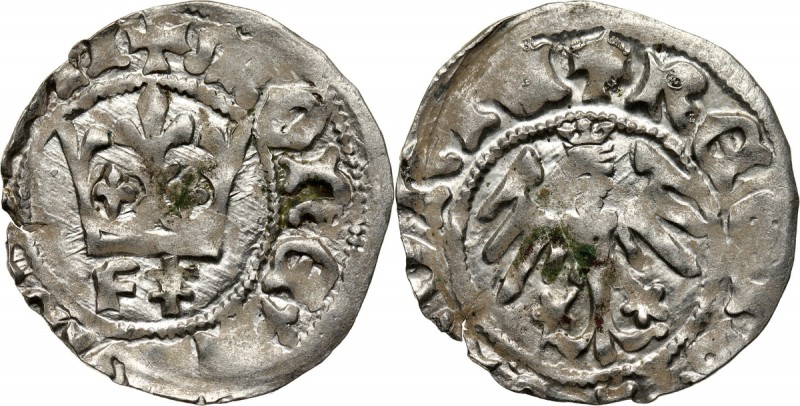 Władysław Jagiełło 1386-1434, półgrosz, Kraków, sygnatura F‡ Waga 1,45 g. Połysk...