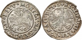 Zygmunt II August, półgrosz 1546, Wilno Rzadsza odmiana z opuszczonym ogonem Pogoni. Wyszczerbienie krążka, ale bardzo ładnie zachowany z połyskiem na...