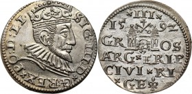 Zygmunt III Waza, trojak 1592, Ryga Bardzo ładny.
Reference: Iger R.92.1
Grade: AU 

Zygmunt III Waza
