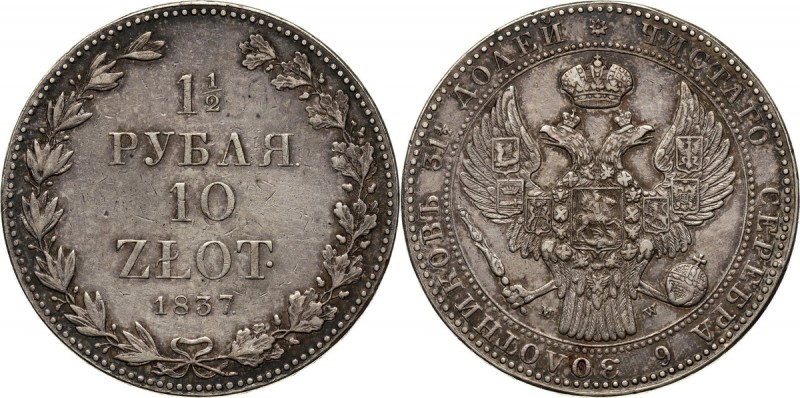 Zabór rosyjski, Mikołaj I, 1 1/2 rubla = 10 złotych 1837 MW, Warszawa Małe cyfry...