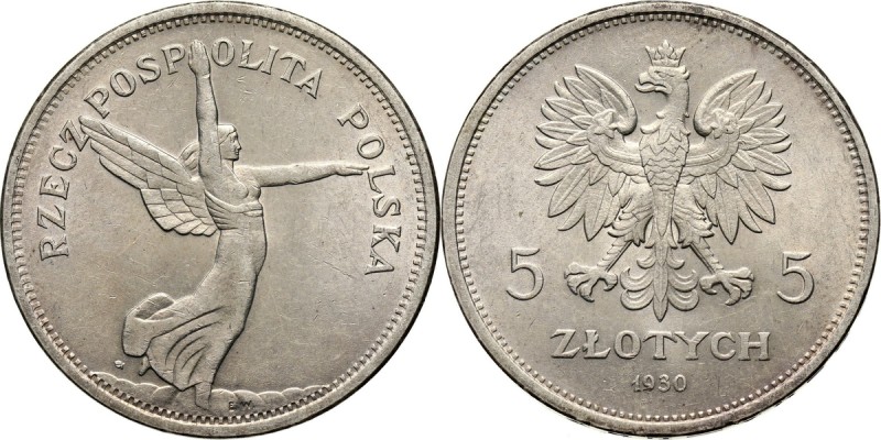 II RP, 5 złotych 1930, Warszawa, Nike Ładne, z połyskiem na całej powierzchni. R...