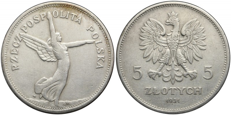 II RP, 5 złotych 1931, Warszawa, Nike Rzadki rocznik. Ślady czyszczenia. Referen...