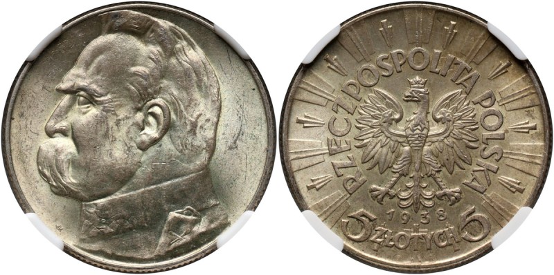 II RP, 5 złotych 1938, Warszawa, Józef Piłsudski Rzadszy rocznik w ładnym stanie...