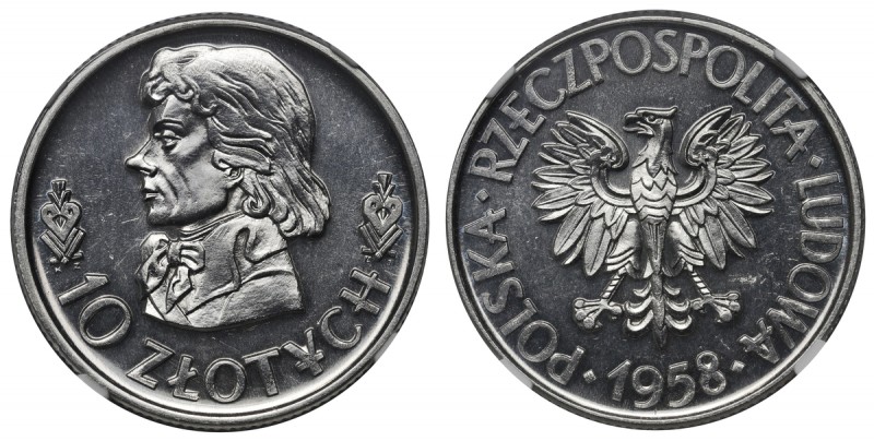 PRL, 10 złotych 1958, Kościuszko, PRÓBA, ALUMINIUM Nakład: 10 sztuk. Bardzo rzad...