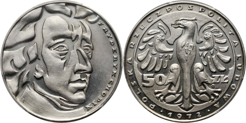 PRL, 50 złotych 1972, Fryderyk Chopin, próba bez napisu Stempel lustrzany. Srebr...