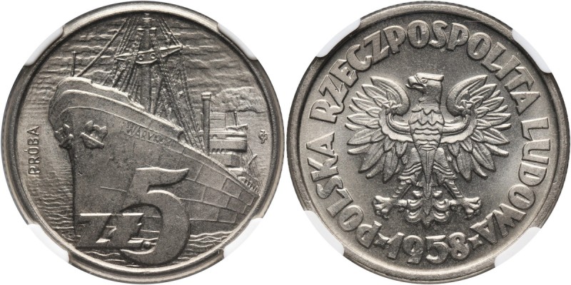 PRL, 5 złotych 1958, Waryński, PRÓBA, nikiel Nakład: 500 sztuk. Piękny egzemplar...