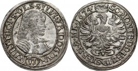 Śląsk, Księstwo oleśnickie, Sylwiusz Fryderyk, 6 krajcarów 1674 SP, Oleśnica Bardzo ładnie zachowane.
Reference: F.u.S. 2295
Grade: AU 

Coins rel...