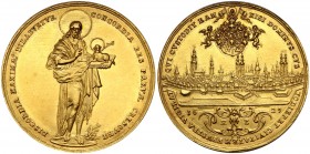 Wrocław, medal w złocie wagi 12 dukatów z 1629 roku, panorama miasta Autorstwa Sebastiana Dadlera, który wykonał stemple na zlecenie ówczesnego dzierż...
