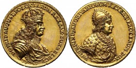 August II Mocny, złocony odlew medalu dynastycznego z 1699 roku Autorstwa M. H. Omeisa. Waga 32,88 g, średnica 43 mm. Cyzelowany. Pierwowzór w katalog...
