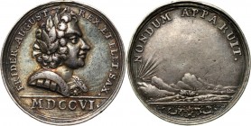 August II, medal z 1706 roku, Zawarcie pokoju w Altranstädt i zrzeczenie się przez Augusta II korony polskiej Srebro, waga 6,14 g, średnica 25 mm. Pat...