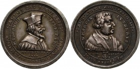 August II Mocny, Gdańsk, medal z 1730 roku, wybity z okazji 200-lecia ogłoszenia Wyznania Augsburskiego, Marcin Luter i Jan Hus Srebro, waga 13,59 g, ...