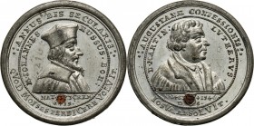 August II Mocny, Gdańsk, medal z 1730 roku, wybity z okazji 200-lecia ogłoszenia Wyznania Augsburskiego, Marcin Luter i Jan Hus Cyna, waga 8,52 g, śre...