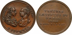 August III, medal z 1738 roku, wybity z okazji ślubu Karola III z Marią Amalią Wettyn, córką Augusta III Brąz, waga 19,44 g, średnica 40 mm.
Referenc...