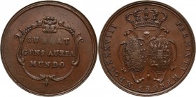 August III, medal z 1738 roku, wybity z okazji ślubu Karola III z Marią Amalią Wettyn, córką Augusta III Brąz, waga 25,01 g, średnica 40 mm. 
Grade: ...