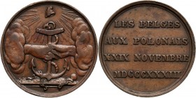 XIX wiek, medal z 1833 roku, wybity na trzecią rocznicę wybuchu Powstania Listopadowego Brąz, waga 10,45 g, średnica 27 mm.
Reference: Hutten-Czapski...