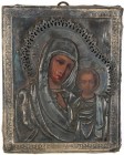 Russia, Our Lady of Kazan, silver icon Dimensions: 18 x 15 cm.&nbsp; Wymiary 18 x 15 cm. Tempera na desce (miejscowo uszkodzona), srebrna koszulka z p...
