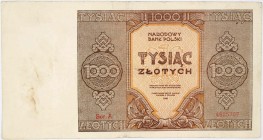 PRL, 1000 złotych 1945, seria A Numer 4525707. Pierwsza seria. Rzadki banknot.
Reference: Miłczak 120a, Lucow 1151 (R6)
Grade: VF- 

Polish paper ...