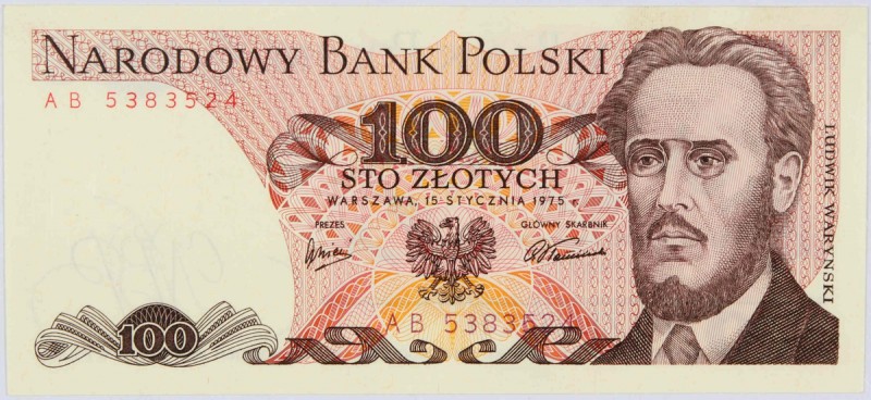 PRL, 100 złotych 15.01.1975, seria AB Numer 5383524. Rzadka seria. Piękny egzemp...