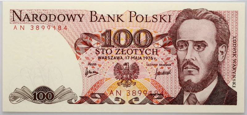 PRL, 100 złotych 17.05.1976, seria AN Numer 3899184. Jedynie 2 egzemplarze uzysk...