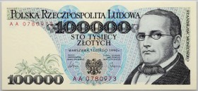 III RP, 100000 złotych 1.02.1990, seria AA Numer 0780973. Piękny egzemplarz.
Reference: Miłczak 178b, Lucow 1514 (R2)
Grade: PMG 65 EPQ 

Polish p...