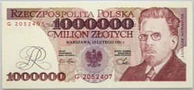 III RP, 1000000 złotych 15.02.1991, seria G Numer 2052407. Rzadka seria.
Reference: Miłczak 189, Lucow 1542 (R4)
Grade: PMG 58 

Polish paper mone...