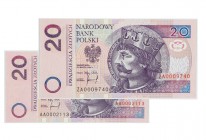 III RP, 20 złotych 25.03.1994, zestaw dwóch banknotów seria AA i ZA Numery 0002113 i 0009740.
Reference: Miłczak 197a, 197c
Grade: UNC 

Polish pa...
