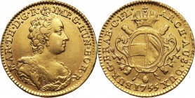 Austria, Maria Theresia, Souverain d'or 1755, Antwerp Gold 5,49 g. Small scratches on reverse.
 Złoto 5,49 g. Drobne ryski na rewersie.
Reference: F...