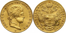 Austria, Ferdinand I, Ducat 1839 E, Karlsburg Gold 3,47 g. Slightly bent. Złoto 3,47 g. Lekko gięty.
Reference: Friedberg 226, Herinek 45
Grade: XF/...
